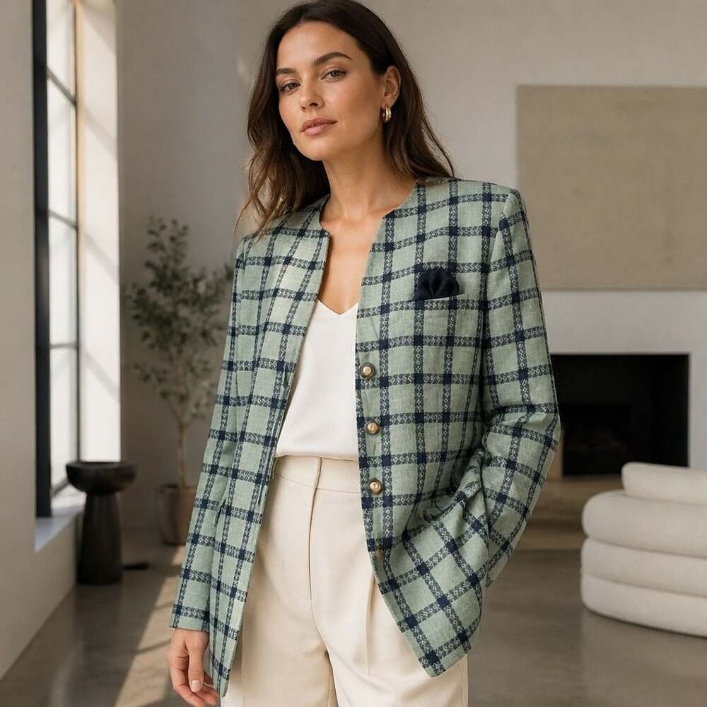 Kasper A.S.L. Vintage Green and Navy Plaid Viscose Blazer Size 8